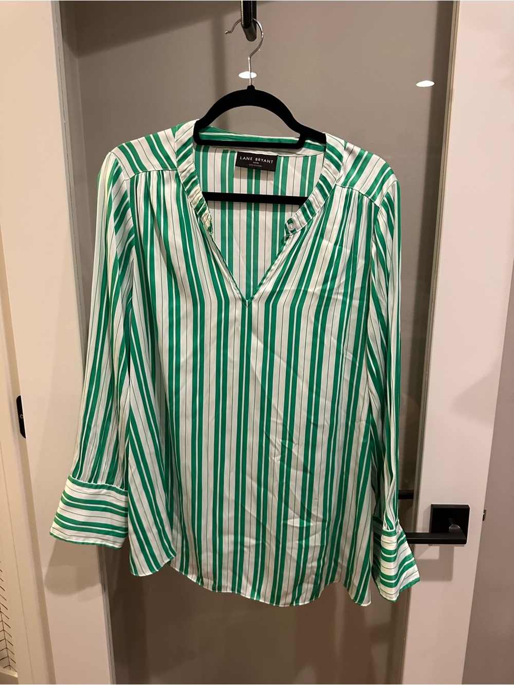 Lane Bryant Green and White Striped V-Neck Tunic Blouse